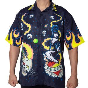 Elvira Tattoo Flames Sublimation Men's Button Up Shirt S-M-L-XL-2XL-3XL NWT